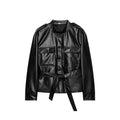 Women Cropped Safari Jacket made of vegan leather with tying belt and epaulettes Fashion Glam