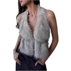 Women's Sleeveless Cropped Faux Fur Set with Mini Skirt and Fluffy Cuffs Fashion Glam