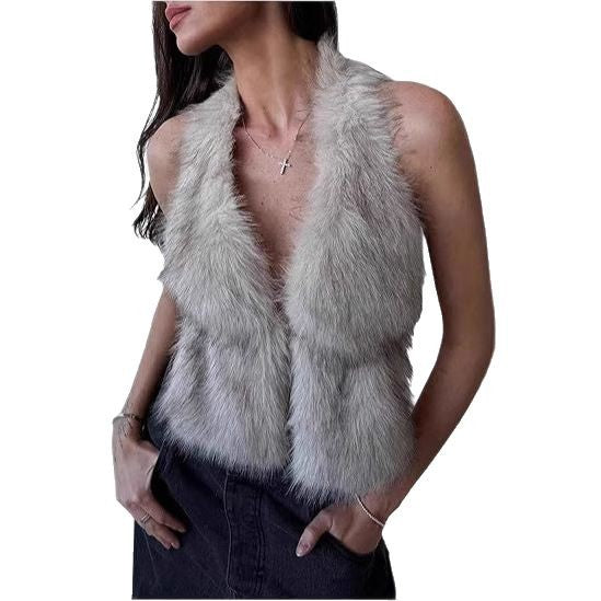 Women's Sleeveless Cropped Faux Fur Set with Mini Skirt and Fluffy Cuffs Fashion Glam
