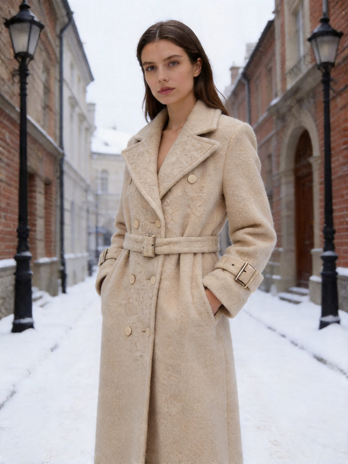 Women Long Teddy Coat in Trench Style with Double-Breasted Button Placket, Tied Belt, and Adjustable Cuffs Fashion Glam