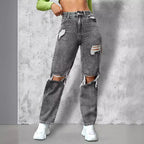 Ladies High-Waist Ripped Straight-Leg Jeans with Knee Cutouts and Used Wash Fashion Glam