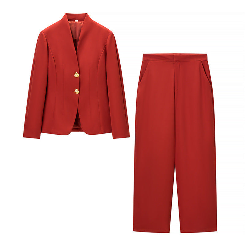 Women's Two-Piece Tailored Suit Set with Stand Collar, Shaping Jacket and Wide Palazzo Pants Fashion Glam