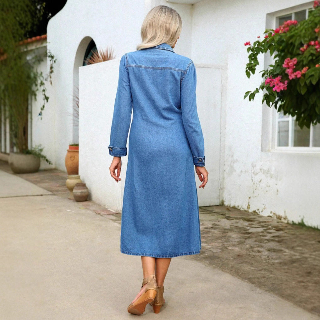 Women's denim midi dress with button placket, tailored fit and chest pockets Fashion Glam