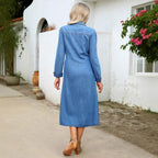 Women's denim midi dress with button placket, tailored fit and chest pockets Fashion Glam