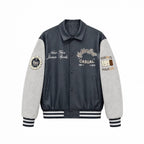 Men's Varsity Faux Leather College Jacket with Contrast Sleeves, Embroidered Patches and Ribbed Hem Fashion Glam