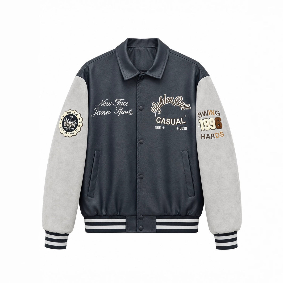 Men's Varsity Faux Leather College Jacket with Contrast Sleeves, Embroidered Patches and Ribbed Hem Fashion Glam