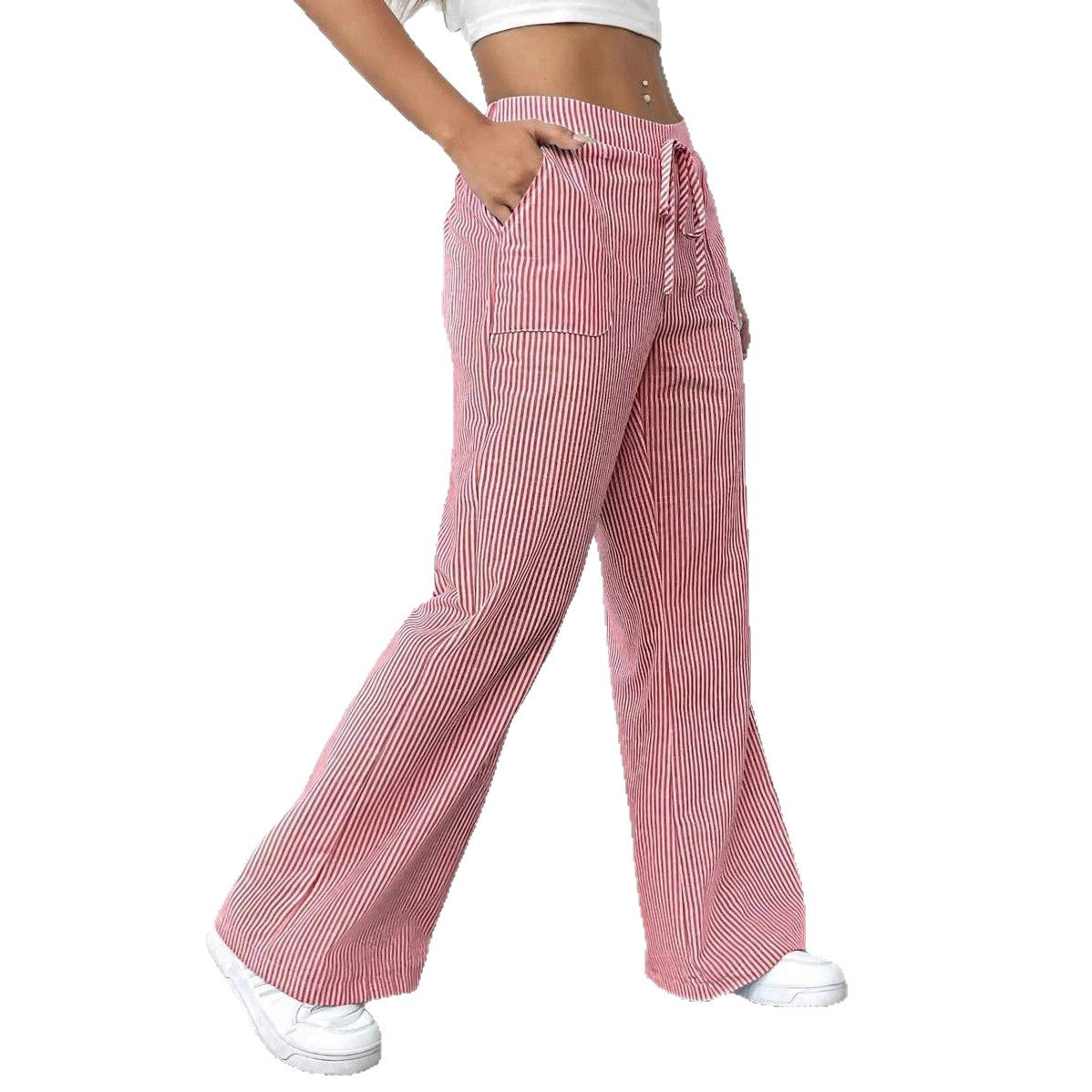 Ladies soft high-waist lounge pants with wide leg drawstring and patch pockets Fashion Glam