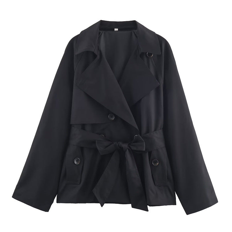 Ladies Cropped Trench Coat with Shawl Collar, Tie Belt and Flap Pockets Fashion Glam