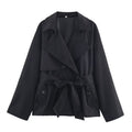 Ladies Cropped Trench Coat with Shawl Collar, Tie Belt and Flap Pockets Fashion Glam