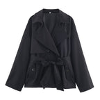 Ladies Cropped Trench Coat with Shawl Collar, Tie Belt and Flap Pockets Fashion Glam