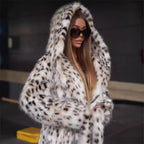 Ladies Hooded Faux Fur Coat in Oversized Silhouette with Leopard Print Fashion Glam