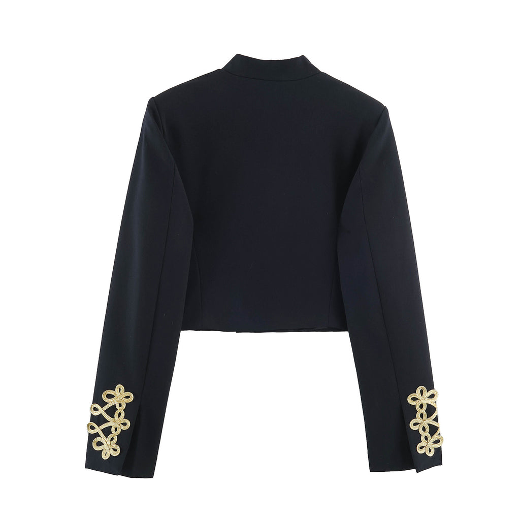 Women's Cropped Bolero Jacket with High Stand-Up Collar and Decorative Galloon Trim Fashion Glam
