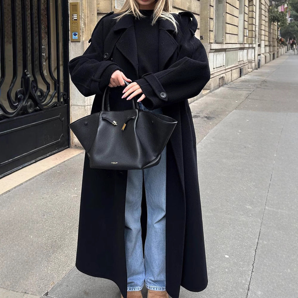 Women's Maxi Wool Blend Coat in Military Style with Wide Lapels and Dropped Shoulders Fashion Glam
