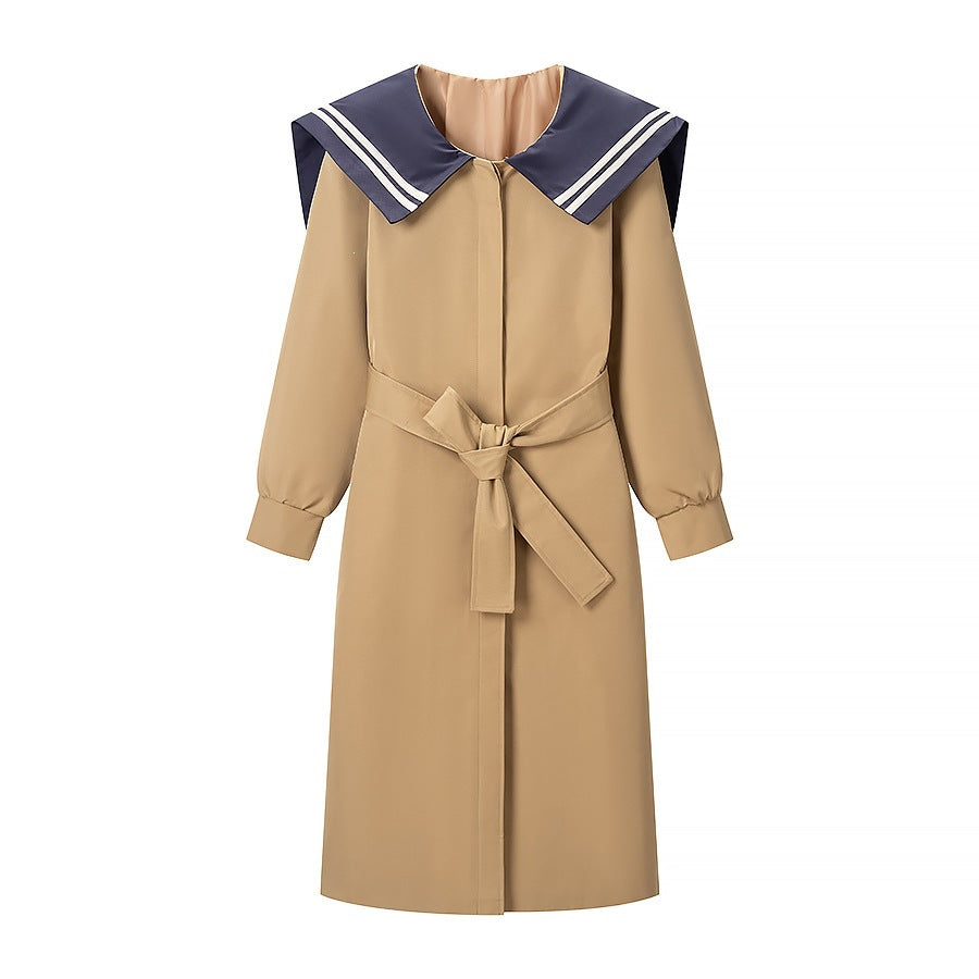 Women's coat with oversized sailor collar, belted waist and concealed button placket Fashion Glam