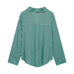 Women's Striped Oversized Shirt Blouse with Chest Pocket and Wide Cuffs Fashion Glam