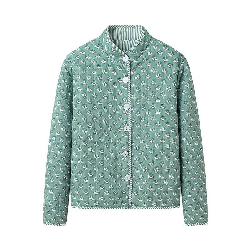 Ladies lightweight quilted stand collar jacket with allover print and mother-of-pearl buttons Fashion Glam
