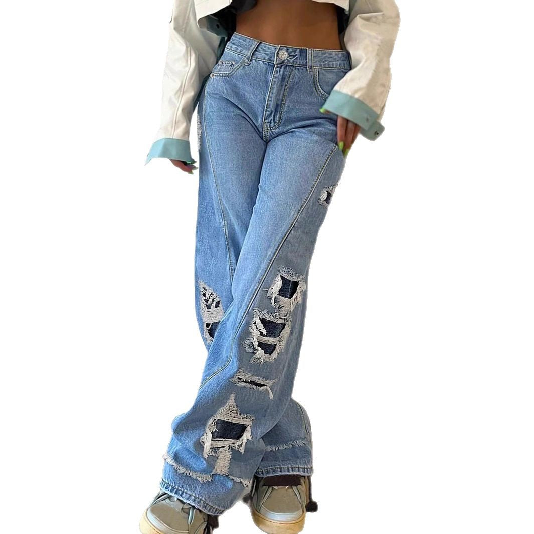 Ladies wide Destroyed jeans with side cutouts and contrasting underlays Fashion Glam