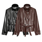 Women tailored faux leather jacket with stand-up collar, tie belt and double-breasted button placket Fashion Glam