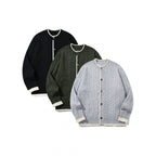Unisex fine knit cardigan with cable pattern, round neck and contrast trim Fashion Glam
