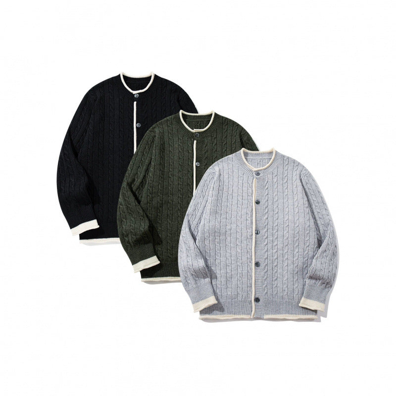 Unisex fine knit cardigan with cable pattern, round neck and contrast trim Fashion Glam