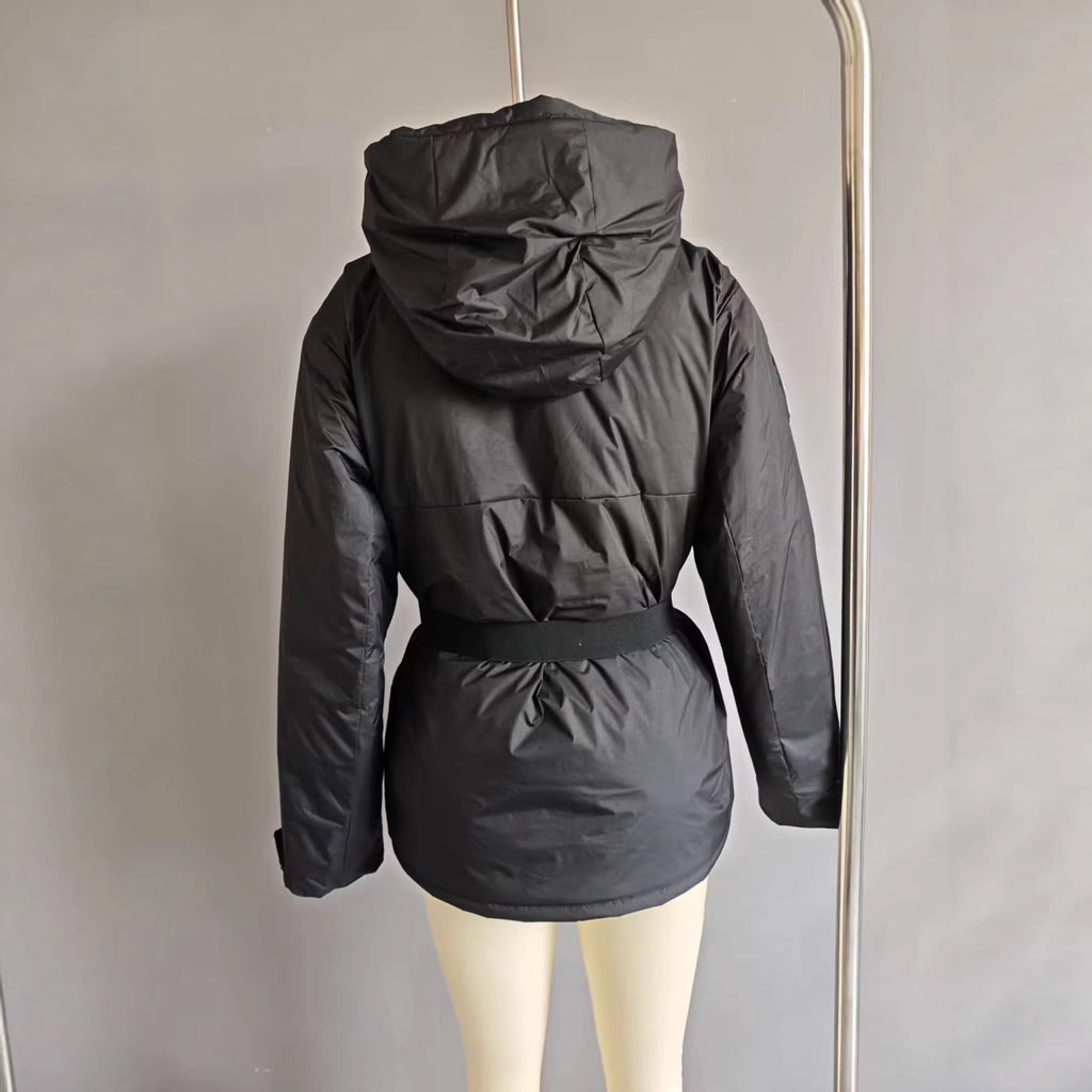 Women's High-Functionality Down-Look Ski Jacket with Waist Belt and Hood Fashion Glam