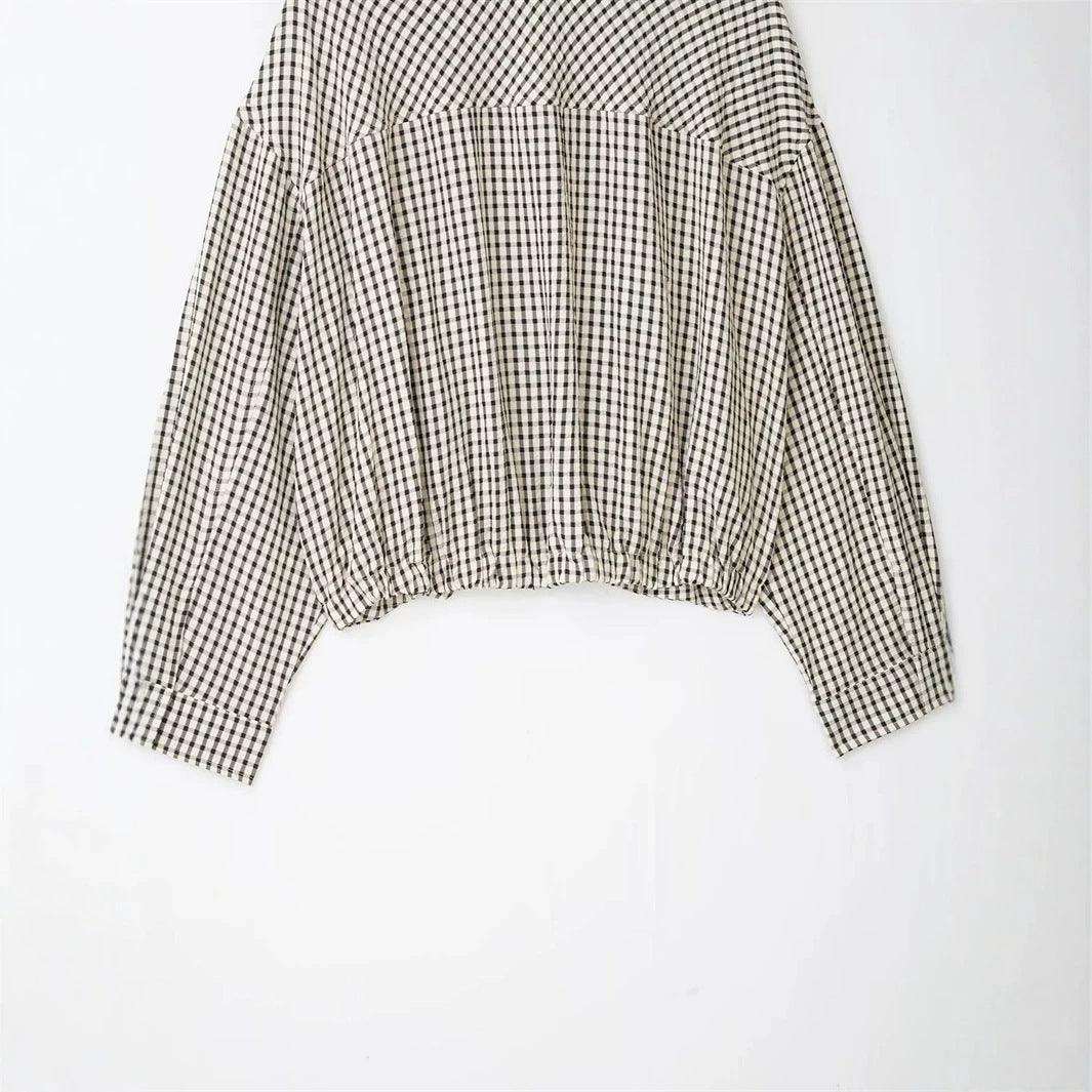 Women's short-cut checked bomber jacket with stand-up collar, elastic hem and concealed zipper Fashion Glam