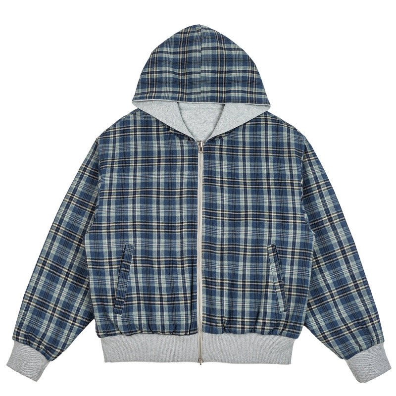 Unisex Padded Hoodie Bomber Jacket with Checkered Flannel Lining and Sturdy Zipper Fashion Glam