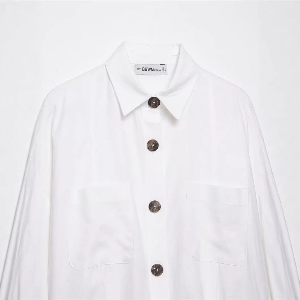 Women's Oversized Shirt Jacket with Three-Quarter Kimono Sleeves and Patch Pockets Fashion Glam