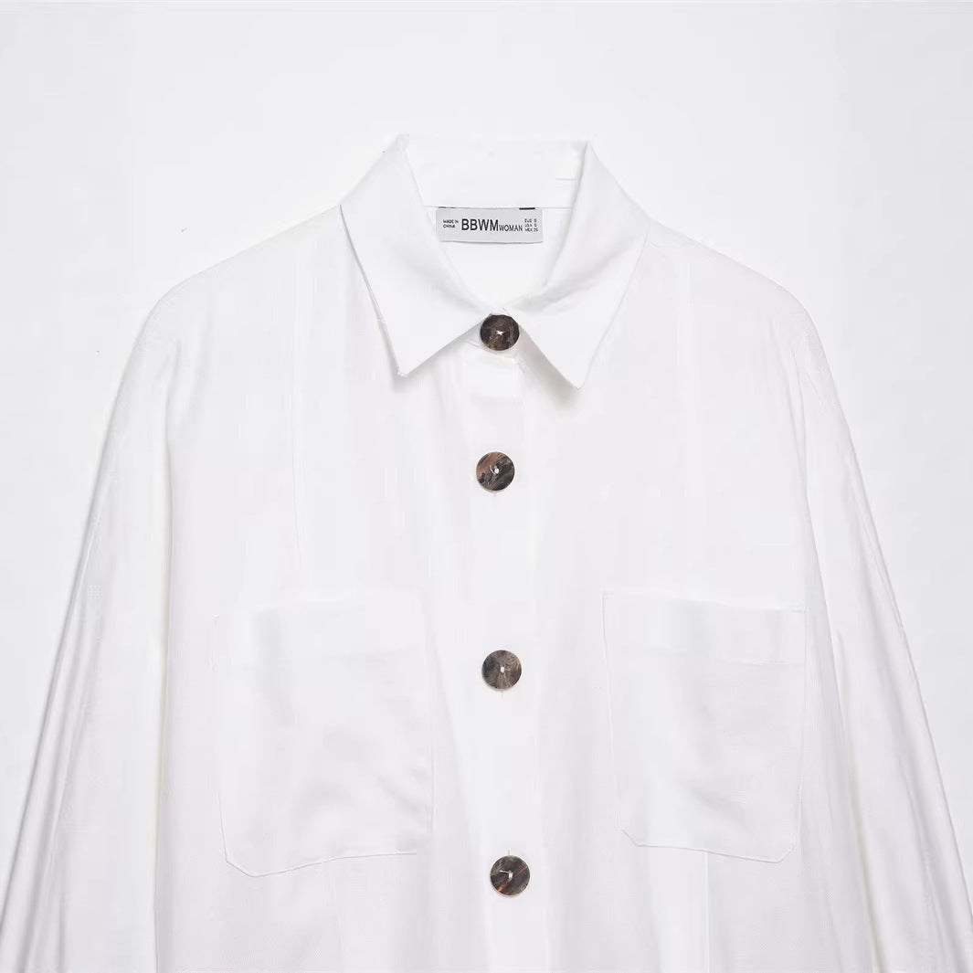 Women's Oversized Shirt Jacket with Three-Quarter Kimono Sleeves and Patch Pockets Fashion Glam