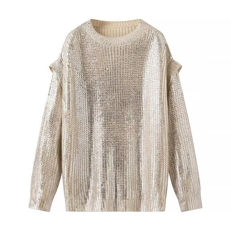 Ladies Glittering Chunky Knit Sweater with Cut-Out Shoulders Fashion Glam