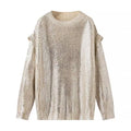 Ladies Glittering Chunky Knit Sweater with Cut-Out Shoulders Fashion Glam
