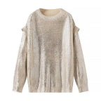 Ladies Glittering Chunky Knit Sweater with Cut-Out Shoulders Fashion Glam