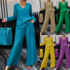 Women's Fine V-Neck Knit Sweater with Flowing Palazzo Pants Fashion Glam