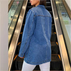 Women tailored denim jacket with stand-up collar, four flap pockets and slightly flared hem Fashion Glam