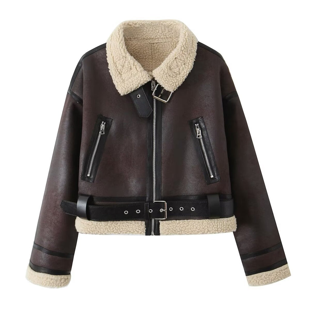 Women's Short Aviator Jacket in Leather Look with Teddy Lining, Zipper Pockets, and Waist Belt Fashion Glam