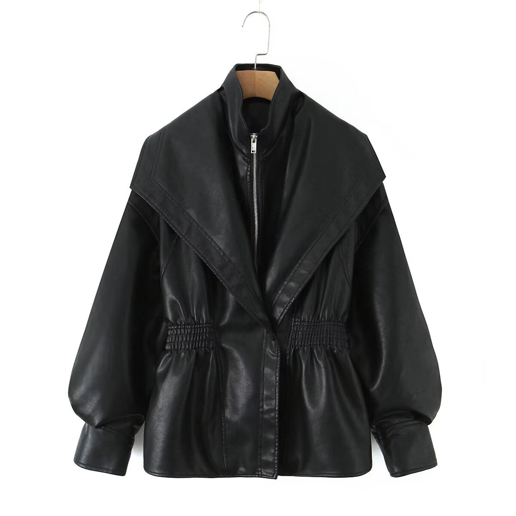 Women's faux leather jacket with XXL shawl collar, waist elastic and balloon sleeves Fashion Glam