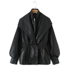 Women's faux leather jacket with XXL shawl collar, waist elastic and balloon sleeves Fashion Glam