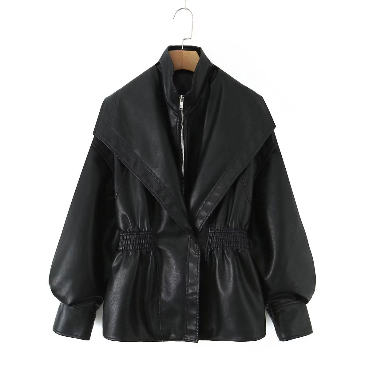 Women's faux leather jacket with XXL shawl collar, waist elastic and balloon sleeves Fashion Glam