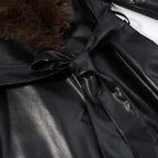 Ladies Longer Leather Coat with Voluminous Fur Collar and Minimalist Silhouette Fashion Glam