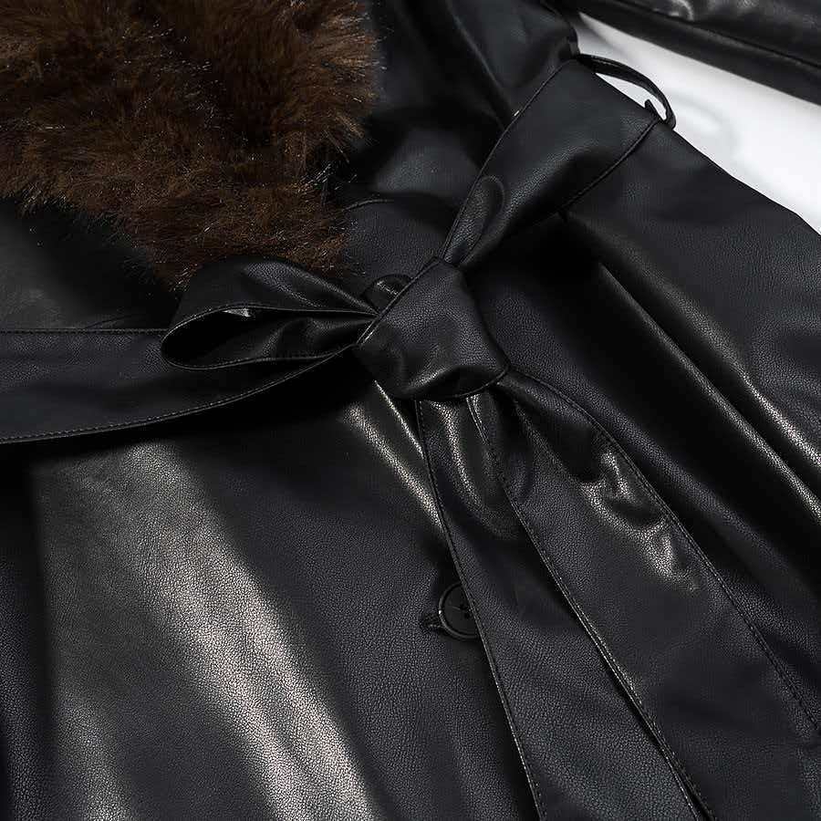 Ladies Longer Leather Coat with Voluminous Fur Collar and Minimalist Silhouette Fashion Glam