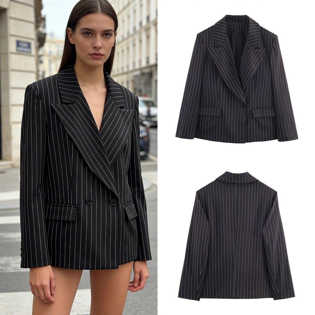 Ladies pinstriped blazer with wide lapels, single-button closure, and flap pockets Fashion Glam
