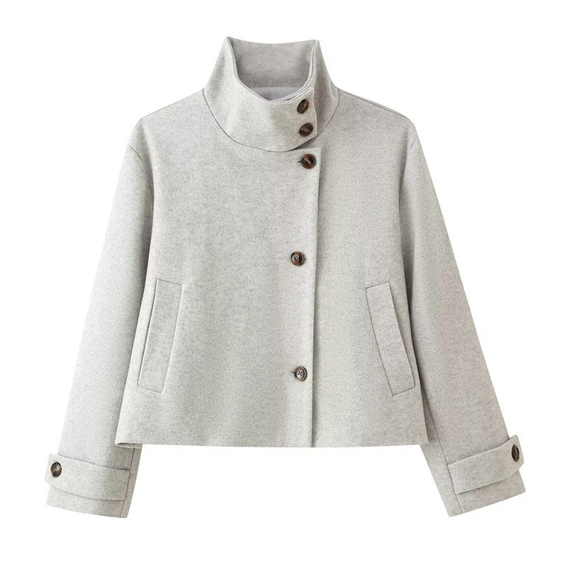 Women short boxy wool jacket with stand-up collar and cuffs Fashion Glam