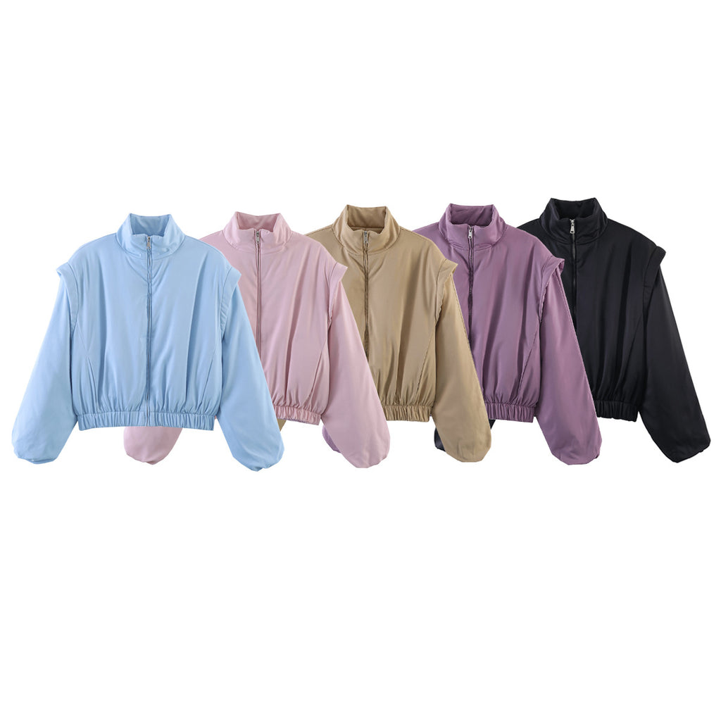 Women Short Cropped Puffer Jacket with Stand-up Collar, Zipper, and Elastic Waist Fashion Glam