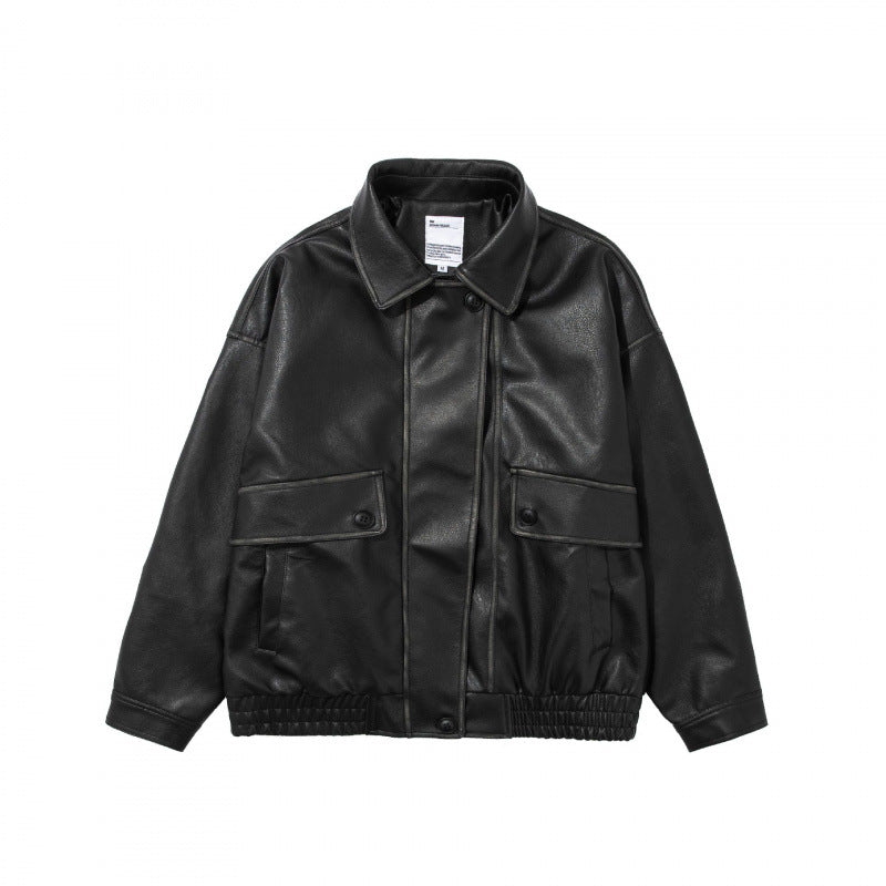Unisex Short Cut Oversized Faux Leather Blouson Jacket with Shirt Collar, Flap Pockets and Elastic Hem Fashion Glam