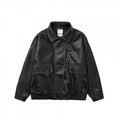Unisex Short Cut Oversized Faux Leather Blouson Jacket with Shirt Collar, Flap Pockets and Elastic Hem Fashion Glam