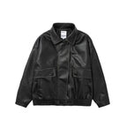 Unisex Short Cut Oversized Faux Leather Blouson Jacket with Shirt Collar, Flap Pockets and Elastic Hem Fashion Glam