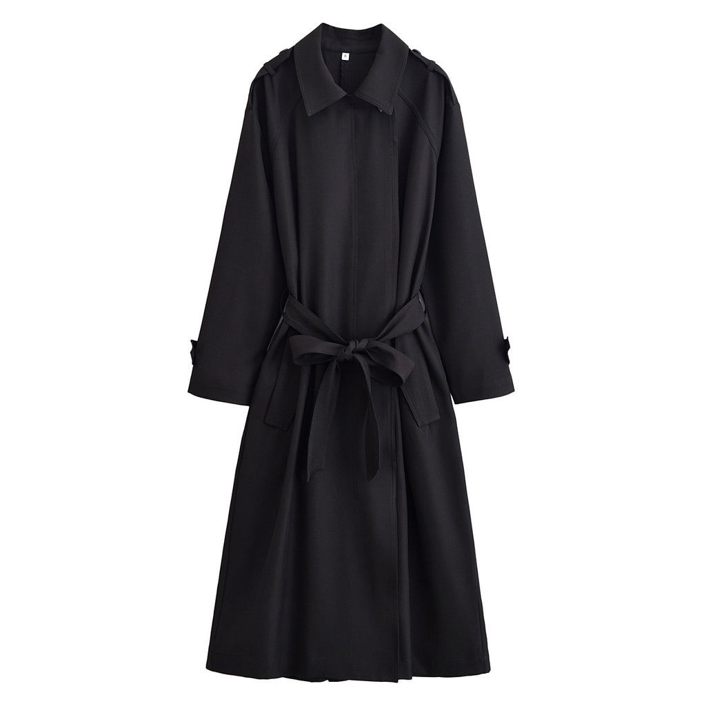 Ladies longer waist-adjustable trench coat with tie belt and epaulettes Fashion Glam
