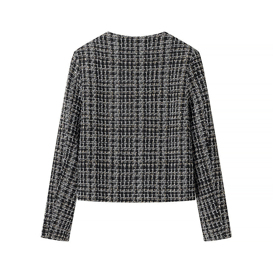 Women Tailored Short Jacket made of Boucle Tweed with Golden Decorative Buttons Fashion Glam