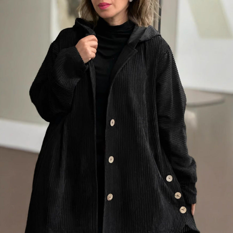 Women's Long Hooded Knitted Cardigan with Ribbed Texture, Button Placket and Side Pockets Fashion Glam