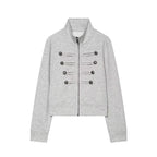 Women's Short Sweat Jacket in Military Style with Stand-Up Collar and Decorative Button Details Fashion Glam